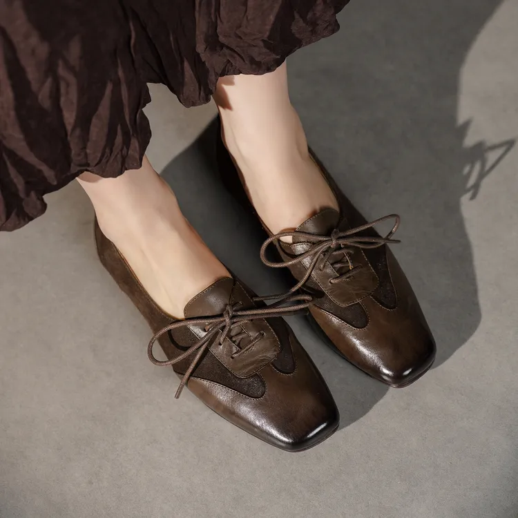 头层胎牛皮~超软~2026新款复古小皮鞋休闲系带德训鞋女百搭阿甘鞋