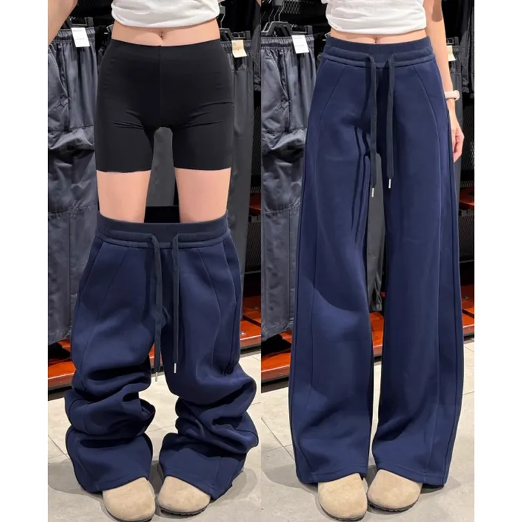 藏青色窄版运动卫裤女秋冬2025新款高腰显瘦加绒lulu休闲阔腿裤子
