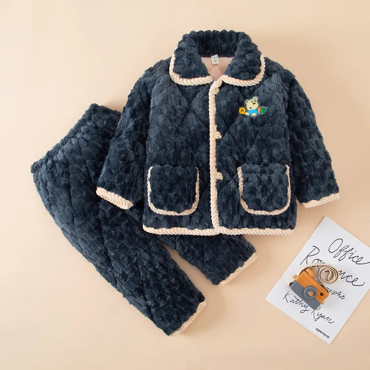 冬季儿童三层夹棉加厚保暖家居服中大童冬款套装男童女孩加绒睡衣