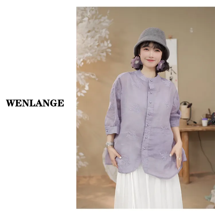 8501 文艺温柔100支苎麻刺绣立领衬衫25夏季款式时尚休闲百搭上衣