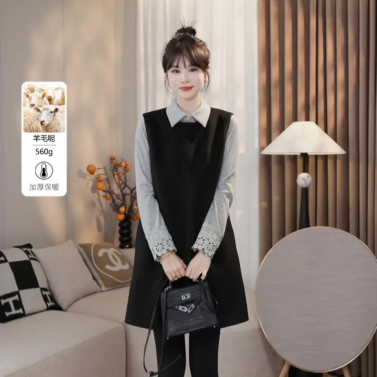 LMENY“赫拉之夜”灰色背心裙女2025秋冬新款圆领叠穿连衣裙25DQ007