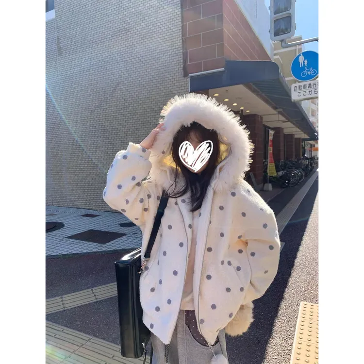“晚安兔子”波点毛领连帽毛呢卫衣外套冬季加厚保暖宽松简约外套