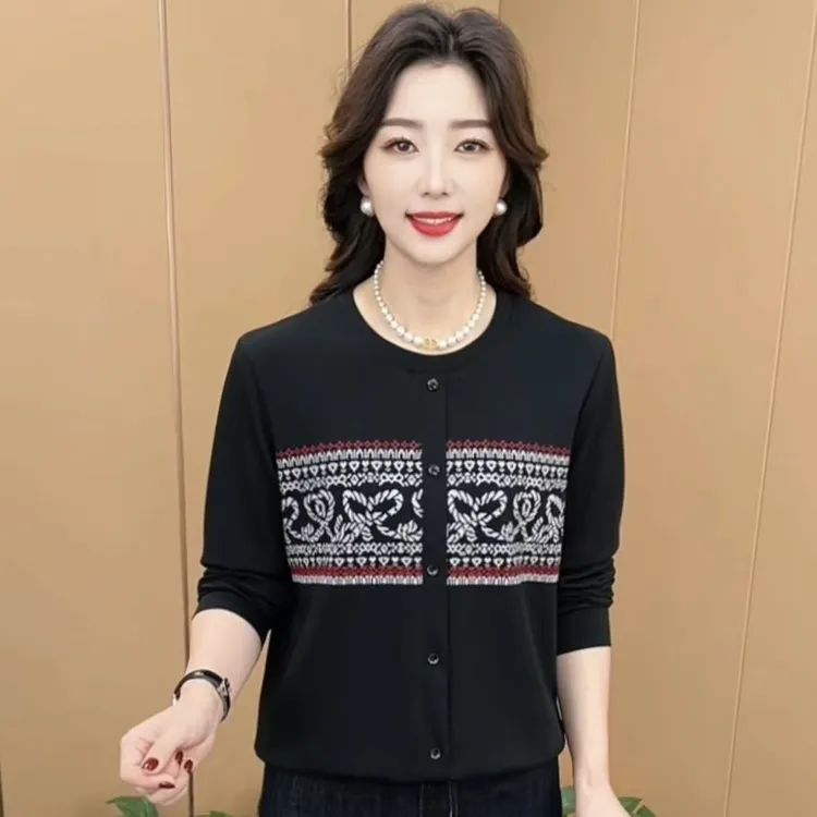 秋冬新款时尚圆领提花设计洋气妈妈装休闲潮流百搭长袖上衣K8957