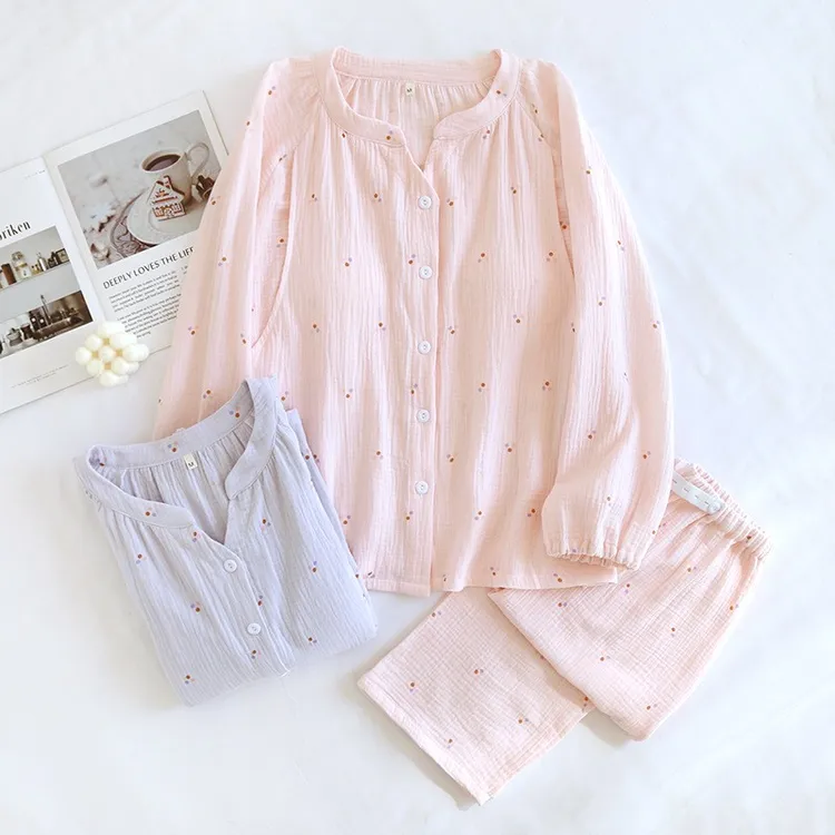 绉纱月子服春夏季薄款带胸垫纯棉长袖产妇透气孕妇睡衣哺乳喂奶衣