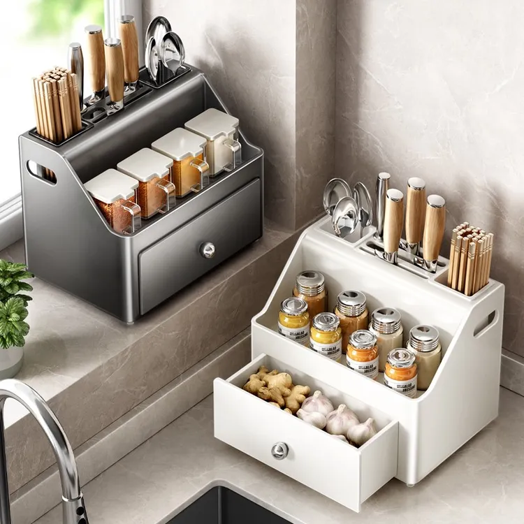 厨房置物架新款免打孔多功能台面调味料筷子刀架葱姜蒜抽屉收纳架