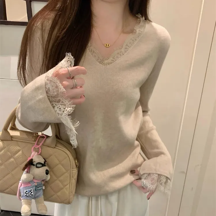 法式V领针织长袖上衣假两件v领女气质内搭显瘦洋气慵懒风时尚