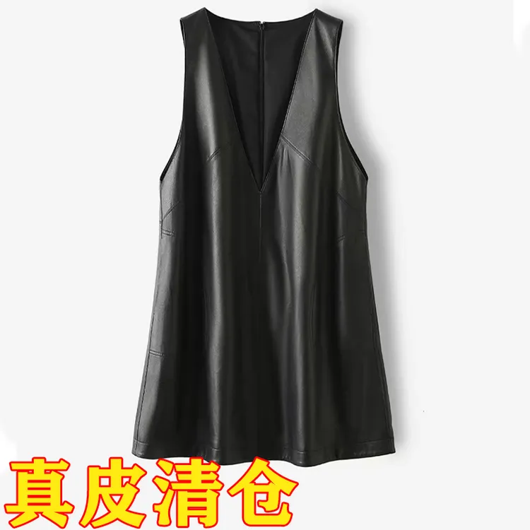 2025新款海宁真皮连衣裙女宽松显瘦绵羊皮中长A字皮裙背心裙V领潮