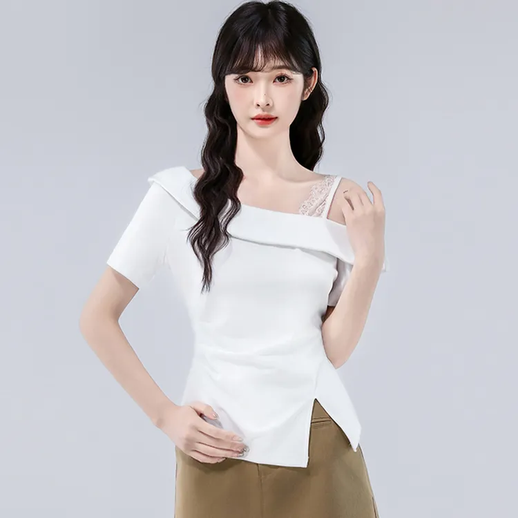 设计感荷叶边露肩短袖T恤女夏季2025新款洋气小衫不规则开叉上衣