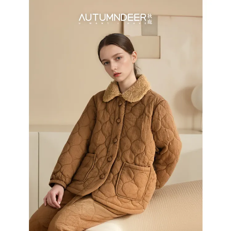 2025新款秋鹿暖羽绸皱布三夹棉女款睡衣冬加厚高级感轻奢家居服