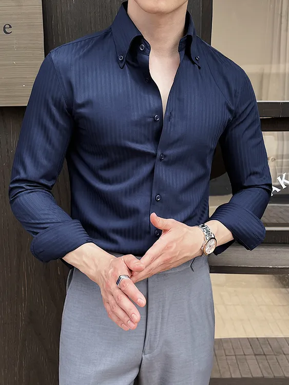 条纹男士衬衫长袖2025新款春秋高级感痞帅法式大尖领商务衬衣男款