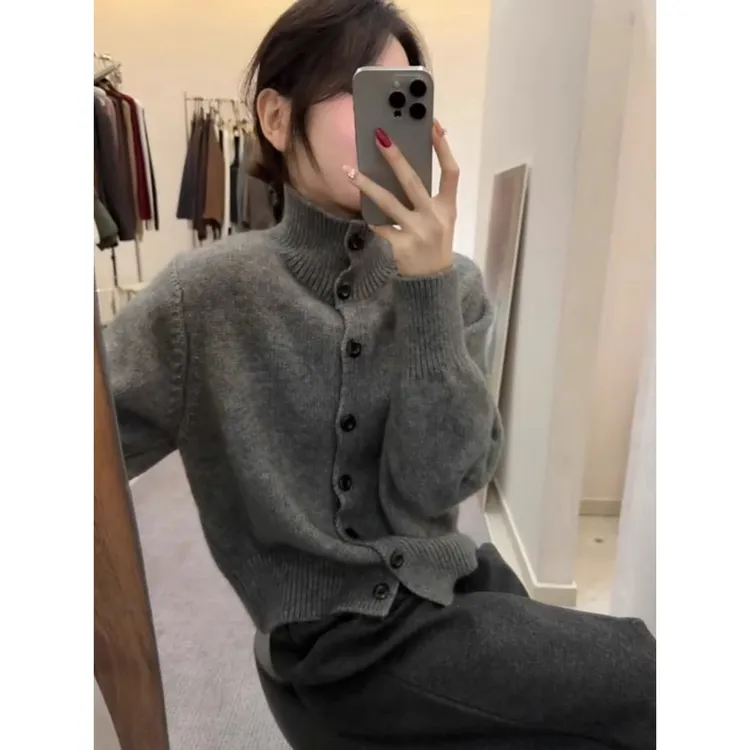 慵懒风高领开衫毛衣女秋冬2025新款宽松百搭显瘦针织外套长袖上衣