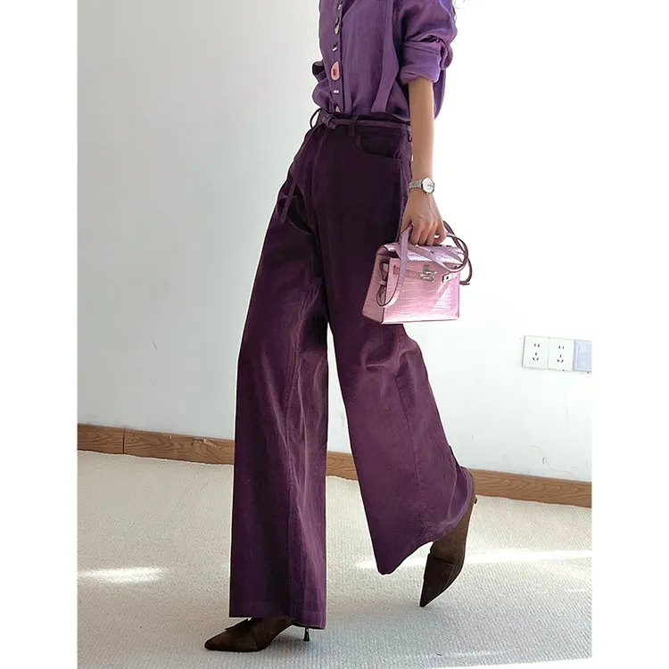 95KZ3957复古灯芯绒阔腿长裤女秋季坑条设计感显瘦百搭休闲裤子