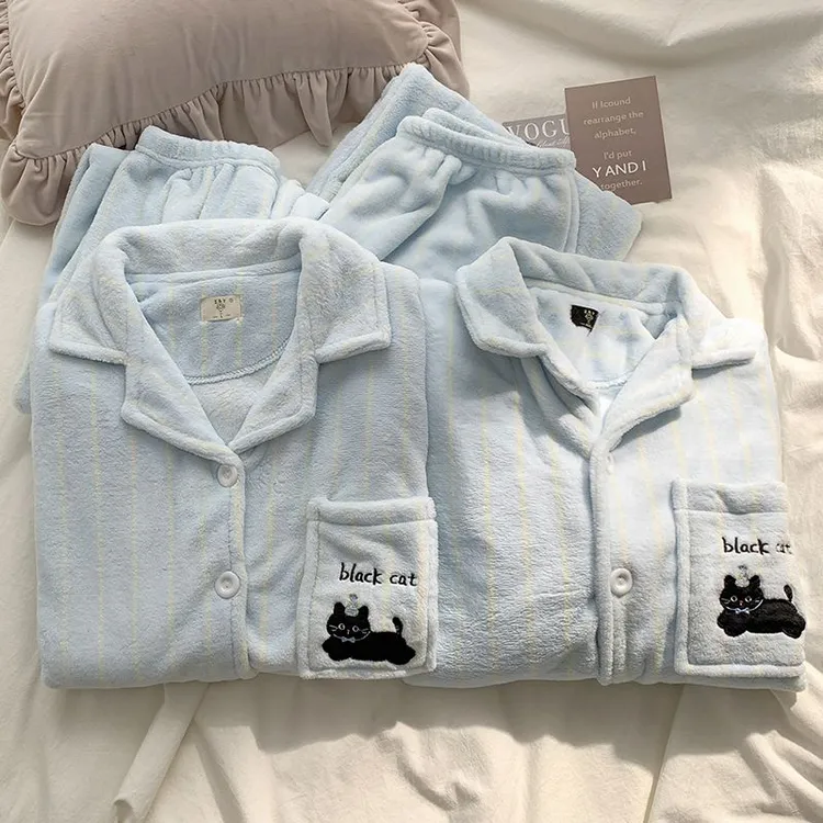 卡通睡衣条纹法兰绒情侣冬男女款2025家居服套装加厚加绒女士睡衣