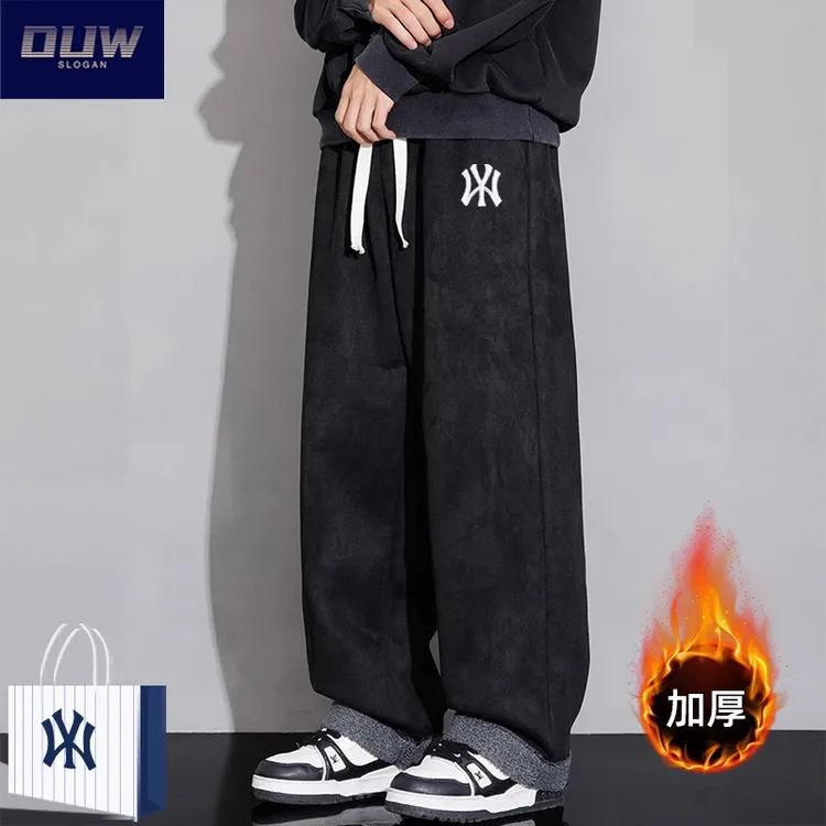 O.U.W麂皮绒香蕉裤男士冬季新款加绒加厚休闲直筒垂感阔腿长裤ins