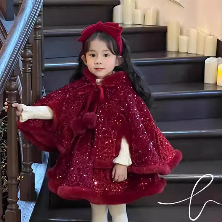 圣诞公主裙女童红色亮片加绒背心礼服裙斗篷帽两件套女宝新年套装