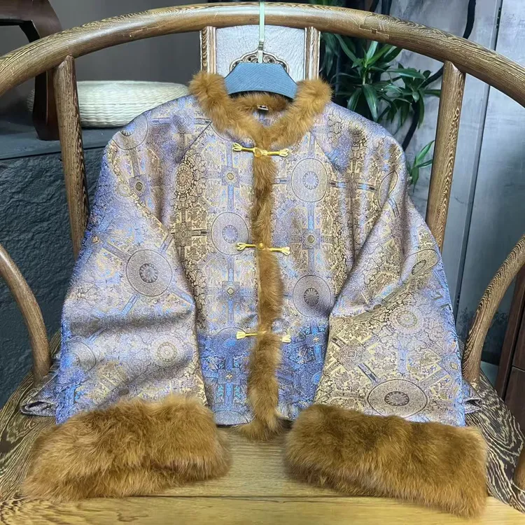 【锦罗】新中式羊毛棉秋冬厚款网红印染潮流扣款女装镶钻复古中国风