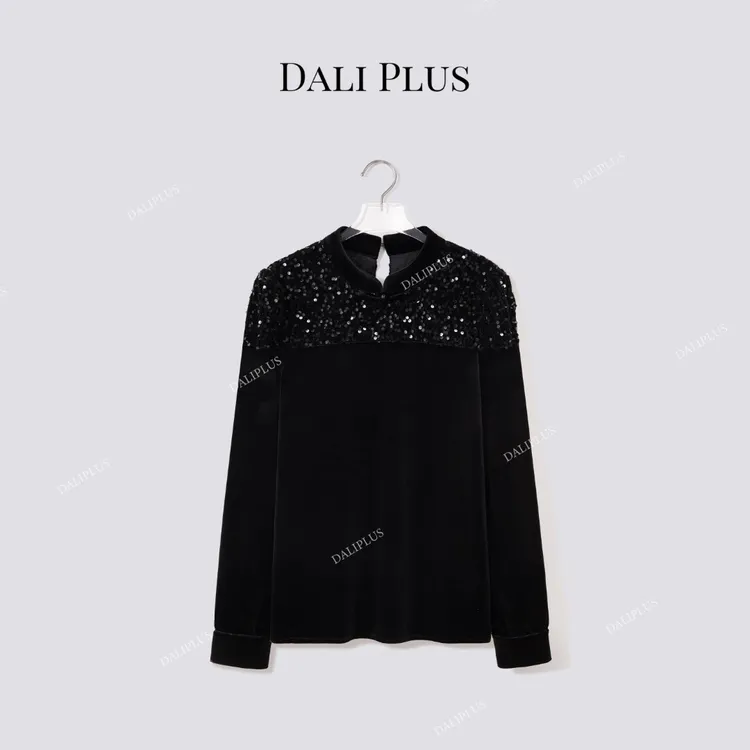 DALI PLUS“新中式丝绒闪片上衣“立领盘扣设计衬衫-D5SS7348