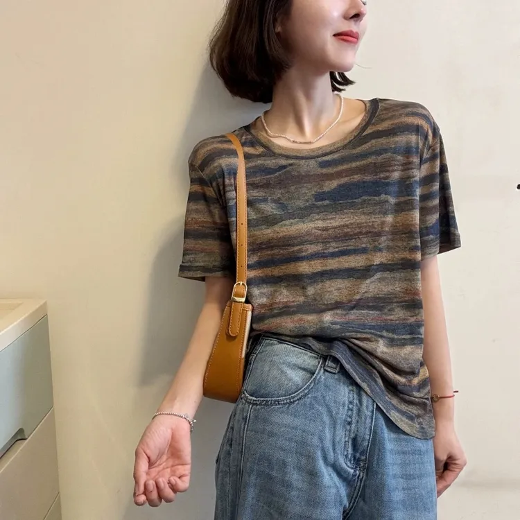 小宜原初 花色短袖T恤女夏季薄款圆领休闲时尚修身高弹力百搭上衣