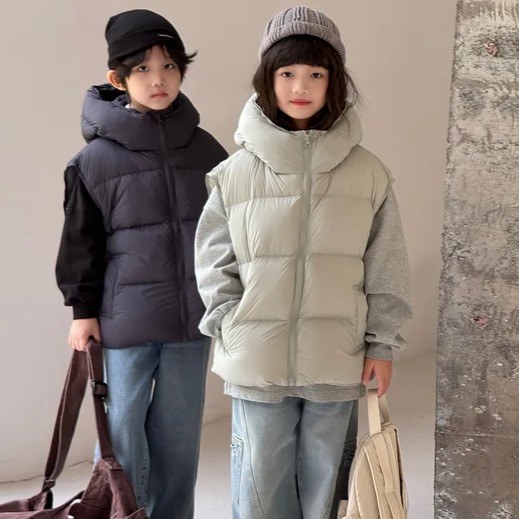 儿童羽绒服马甲泡芙款男童女童宝宝背心外穿连帽白鸭绒加厚坎肩潮