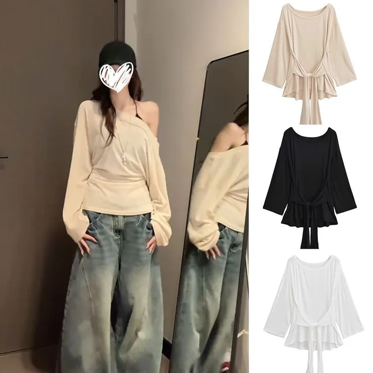 2025夏季新款长袖T恤百搭防晒罩衫微透显瘦设计绑带收腰上衣女薄