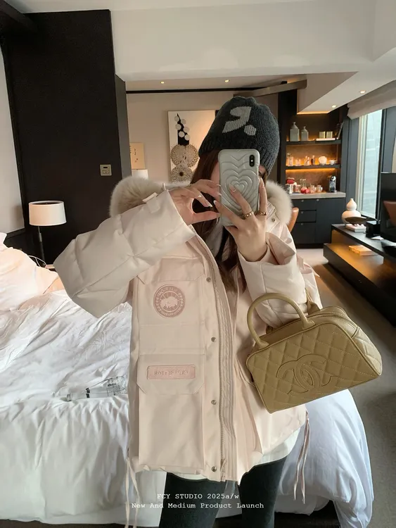 粉色派克服工装棉服女短款2025冬季新款小个子毛领加厚外套棉衣潮