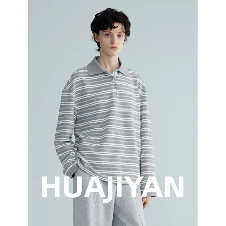 华吉言/HUAJIYAN【灰调】经典舒适立体横条纹polo领长袖上衣