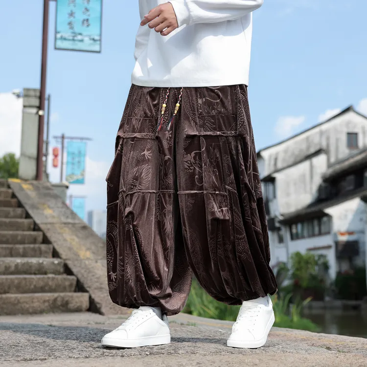 秋冬季金丝绒阔腿裤男款新中式国风加大码肥佬灯笼裤宽松休闲长裤
