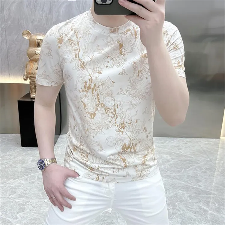 因纳巴敦夏季潮流时尚印花修身帅气花色圆领短袖男士网红爆款T恤