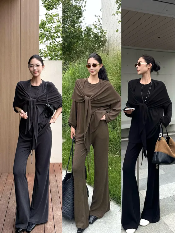 简约慵懒风时尚套装披肩假两件宽松长袖上衣高腰休闲裤两件套针织