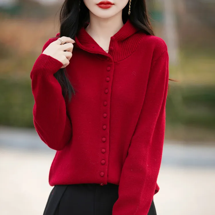 连帽羊毛针织本命年红色卫衣开衫女秋冬新款宽松显瘦羊绒毛衣外套