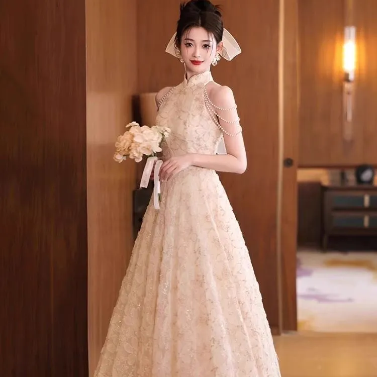 挂脖订婚结婚晚礼服女主持人轻奢小众高端成人礼敬酒服新娘公主裙