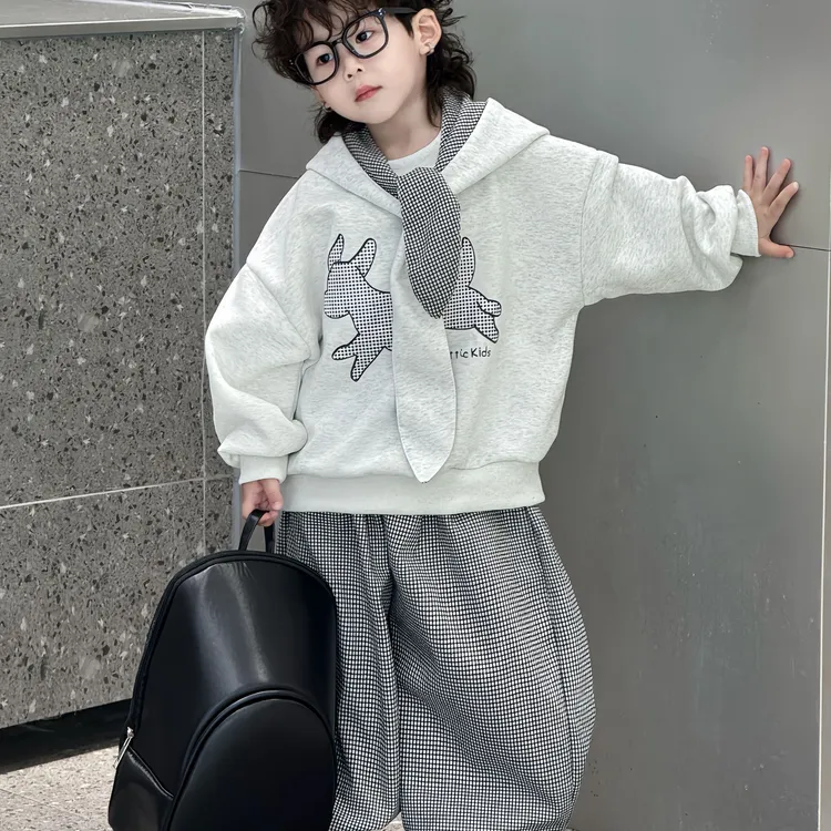 儿童卫衣套装2025秋季新款格子贴布小修狗卫衣百搭M6