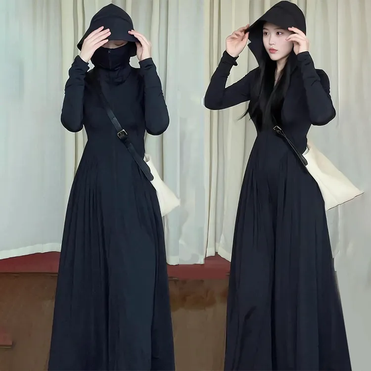 黑色宽松冰丝连帽防晒衣长款全身女夏季防紫外线薄款户外防晒裙