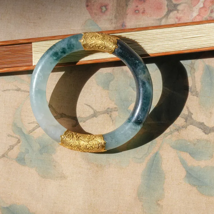 【观月】【逐雨】24k足金镶嵌缅甸天然A货冰种墨水蓝老翡翠手镯