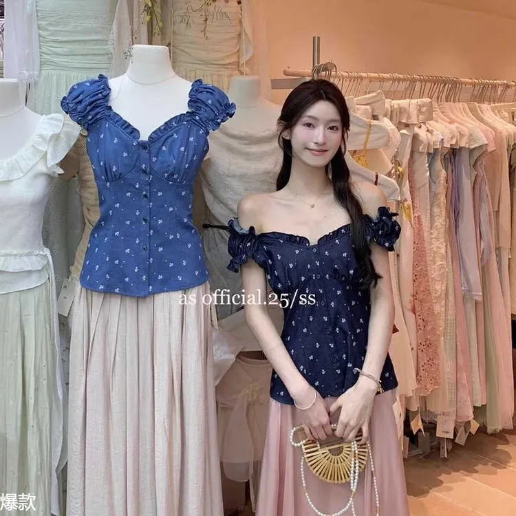2025夏季美式木耳边短袖恤女设计感小众碎花牛仔衬衫泡泡袖上衣
