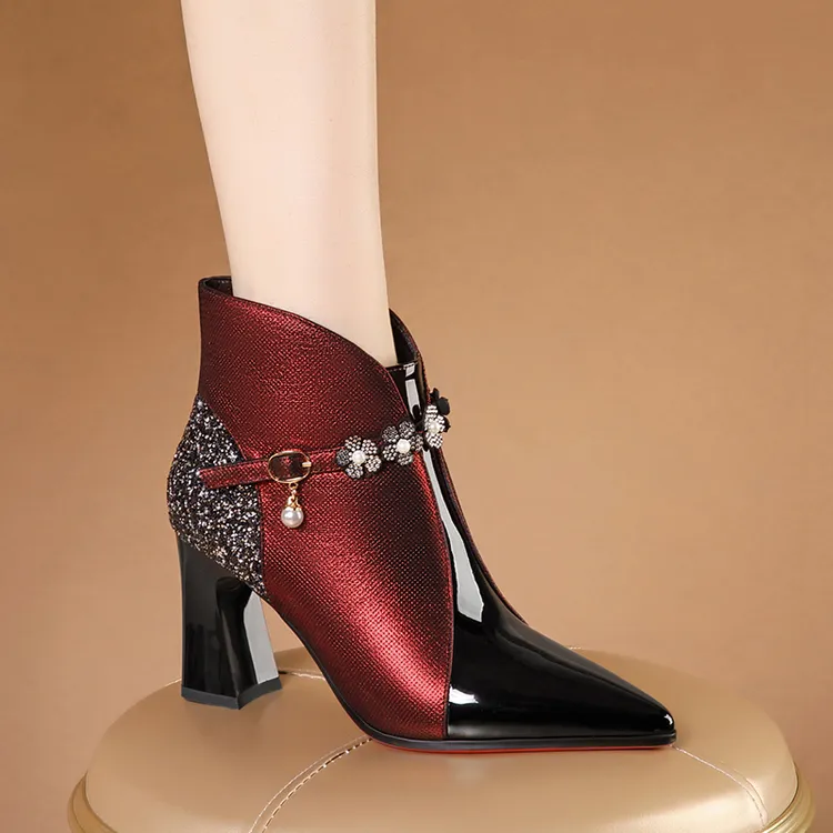 2025新款春秋红色软皮短靴女尖头高跟靴子女靴马丁靴时尚大码女鞋