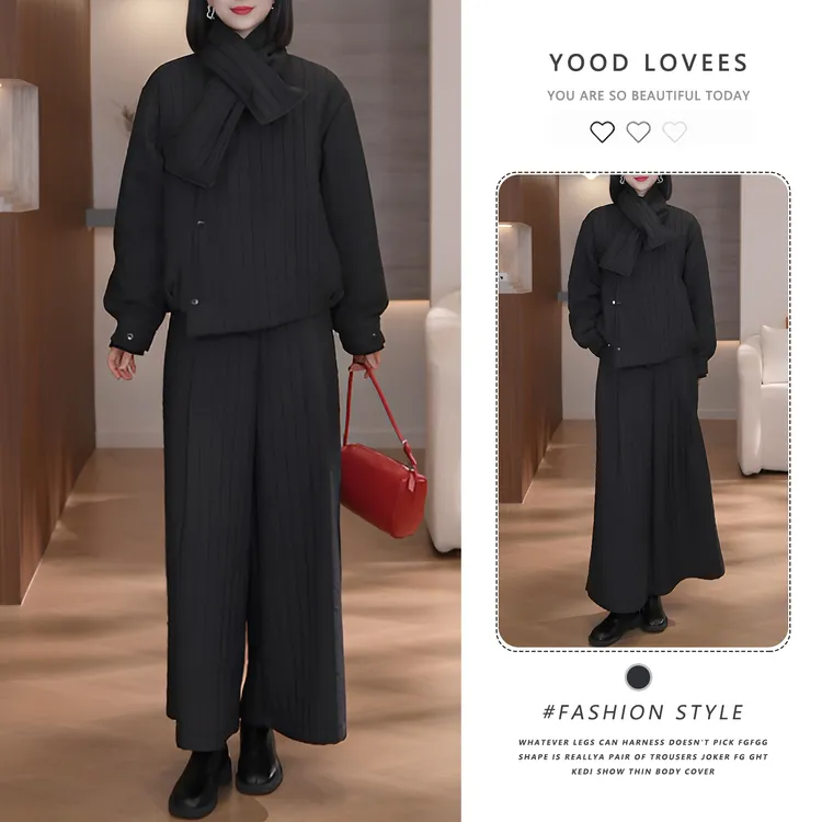 冬季棉服套装韩系设计款条纹纹理不规则外套阔腿裤围巾保暖三件套