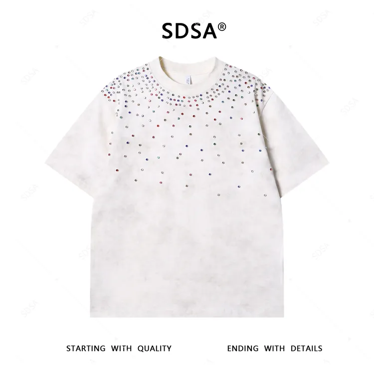 夏季高级感新款男士美式满天星彩色镶钻短袖T恤痞帅重工圆领上衣