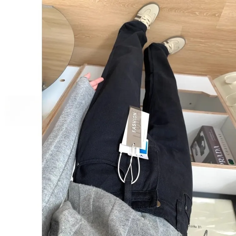 黑色显痩直筒牛仔裤女冬季加绒高腰垂感大码宽松窄版阔腿春秋长裤