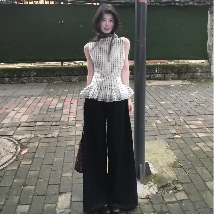 一整套ootd穿搭韩版气质法式无袖显瘦上衣女夏季高腰休闲阔腿裤子