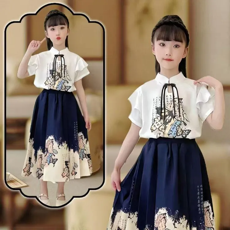 新款汉服马面短袖女童儿童套装汉装超仙夏款香花蝶