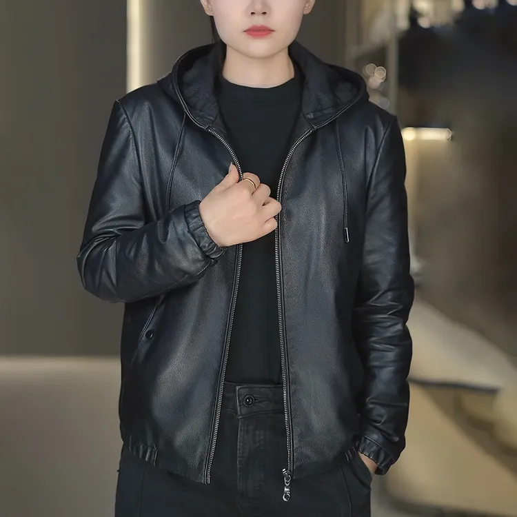 919-E 新款牛皮鹅绒服海宁头层真皮皮衣男士短款休闲连帽夹克外套