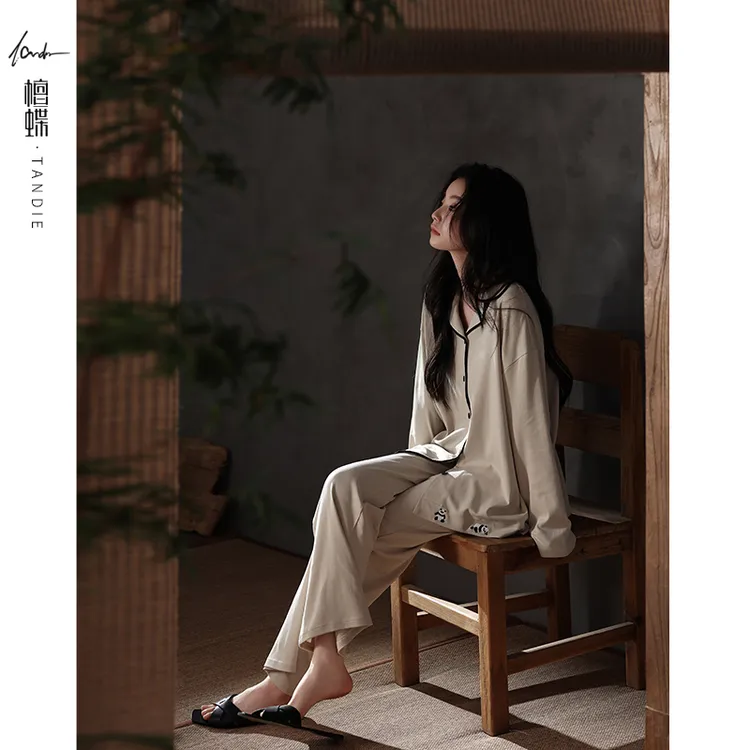 檀蝶2025年新款秋季纯棉睡衣女士新中式熊猫印花纯棉家居服氛围感