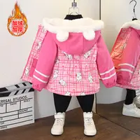 男女宝宝秋冬新款韩版时尚收腰风衣外套女童格子兔子印花加绒棉服