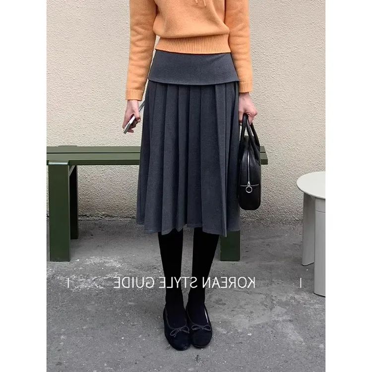 耶古深灰色磨毛a字百褶裙女秋冬季高腰显瘦设计感屁帘西装半身裙