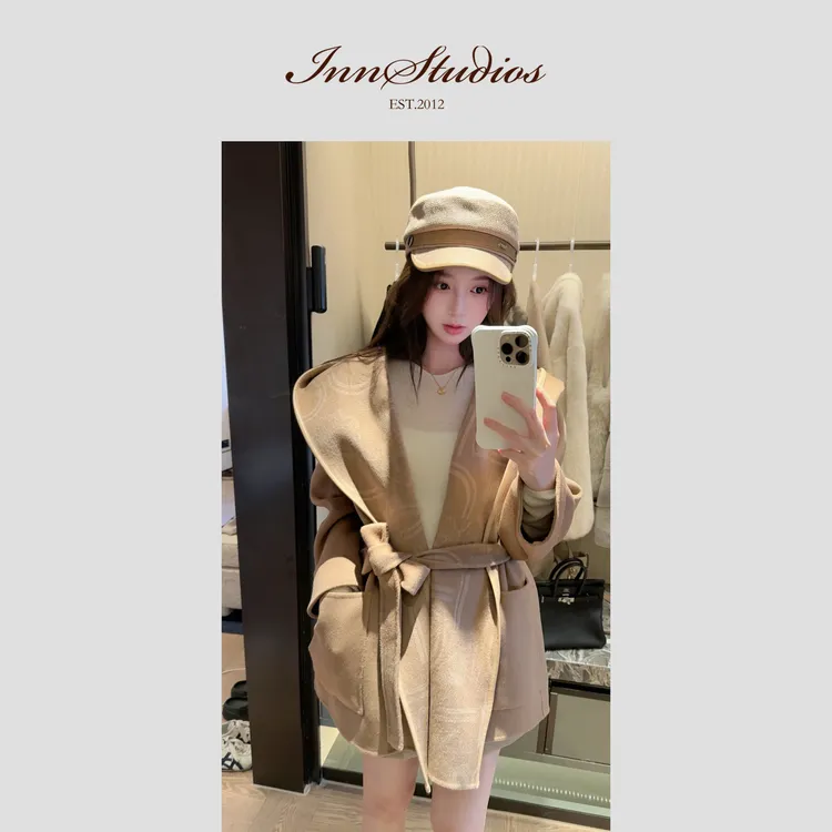 Innstudios 100羊毛双面高支AB双面驼色连帽气质大衣 不压身高