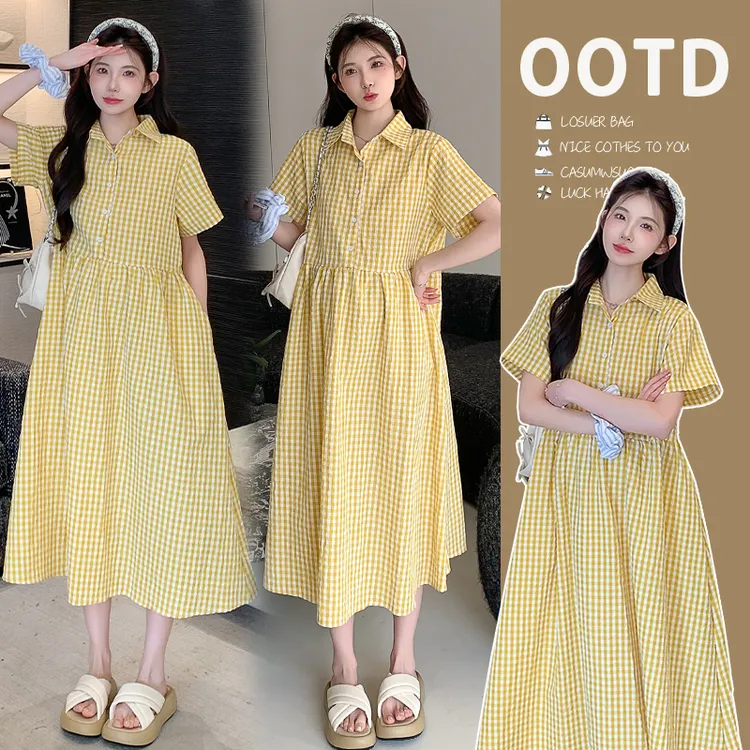 夏季新款韩系减龄翻领黄色格子宽松大码连衣裙清爽透气小众女装