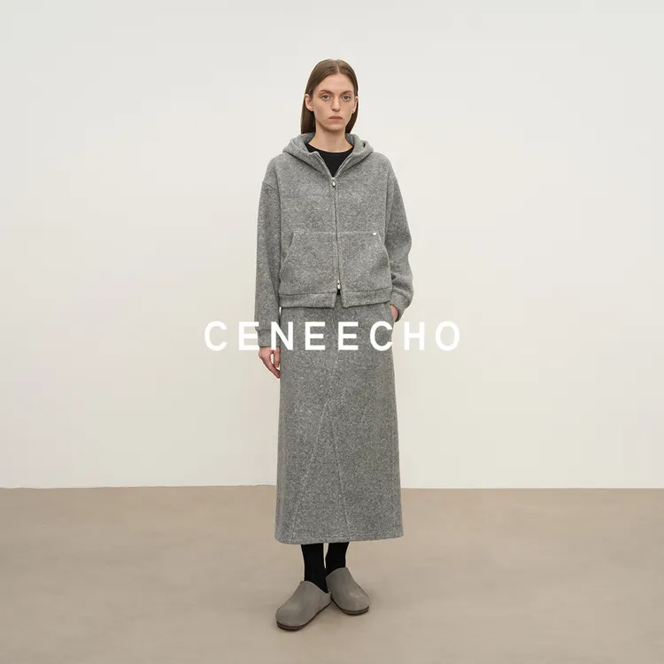 CENEECHO新款拉链连帽外套女加绒阔腿裤半身裙套装L001+U231+R105