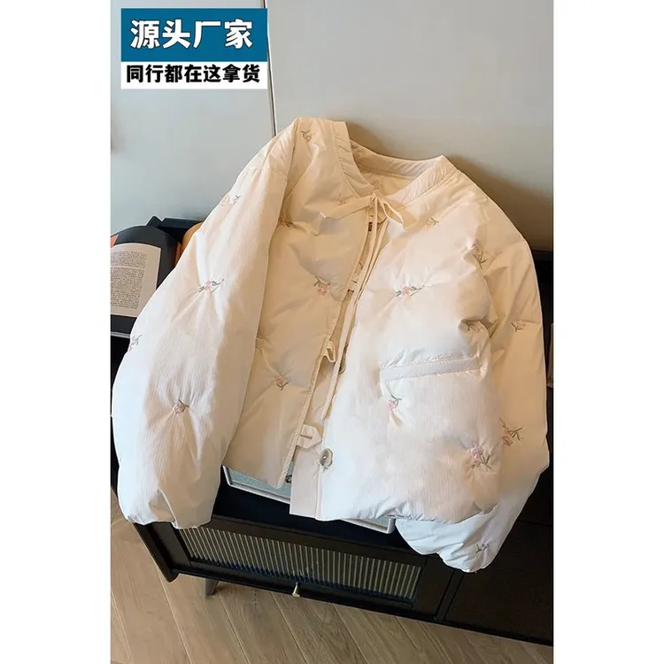 梵乐芬韩版甜美风花朵设计感圆领棉服棉衣2025冬季新款加厚保暖面