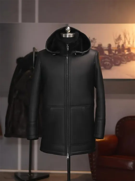 黑长款8601连帽男原生态皮毛一体真毛厚皮草外套冬保暖休闲皮衣